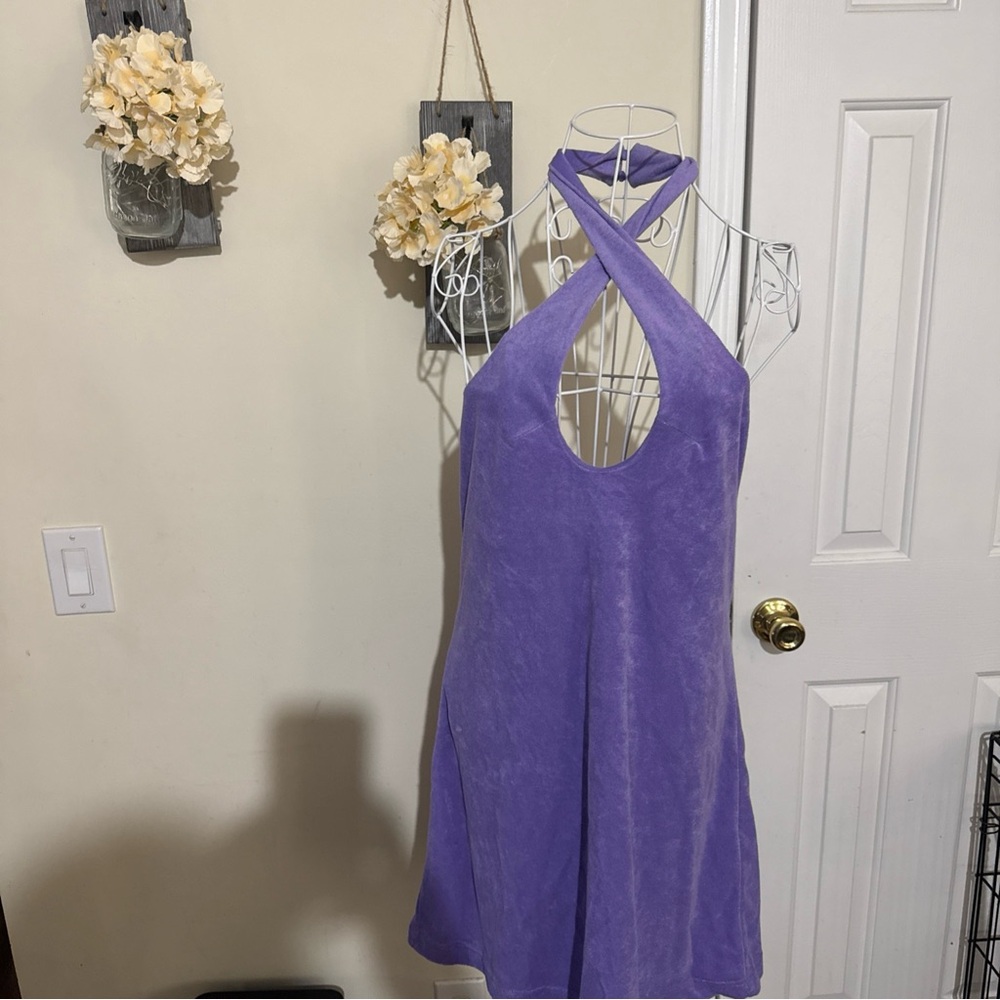 NWT Fabletics Women's Terry Cloth Lounge Tennis Dress Size L Purple Y2k midi